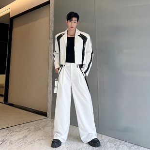 Niche designer patent leather black and white contrast color suit wide leg pants suit W2323 5215