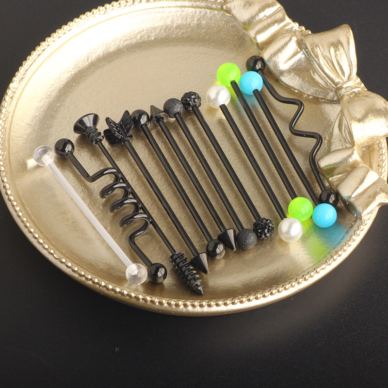 Cross-border Black Leaf Luminous Industrial Barbell Earrings Set Stainless Steel Ear Hole Bypass Earrings detail image 7