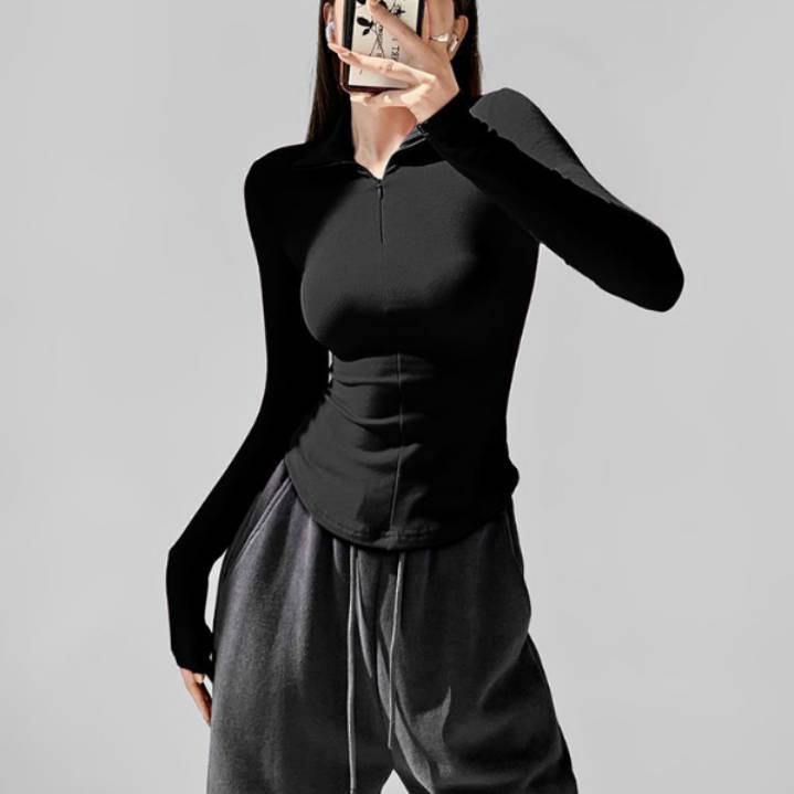 2024 European American style slim fit top sexy lapel long sleeve T-shirt women stylish waist-hugging inner wear fall winter base layer