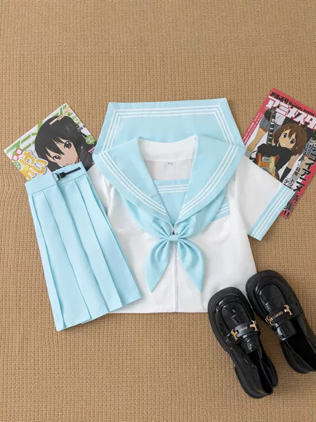 In-Stock Improved Blue Three-Piece Basic Jk Uniform Set, Academy Style A-Skirt, Navy Style School-Supplied Long-Sleeve Sailor Uniform