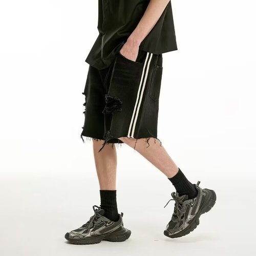 American-style ripped denim shorts for men, thin, student-friendly, street-style versatile, loose, washed, straight-leg, five-pocket sporty casual brand pants.