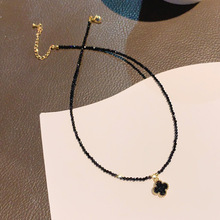 简约黑色四叶花闪钻短款颈带设计感水晶锁骨链女气质高级百搭轻奢