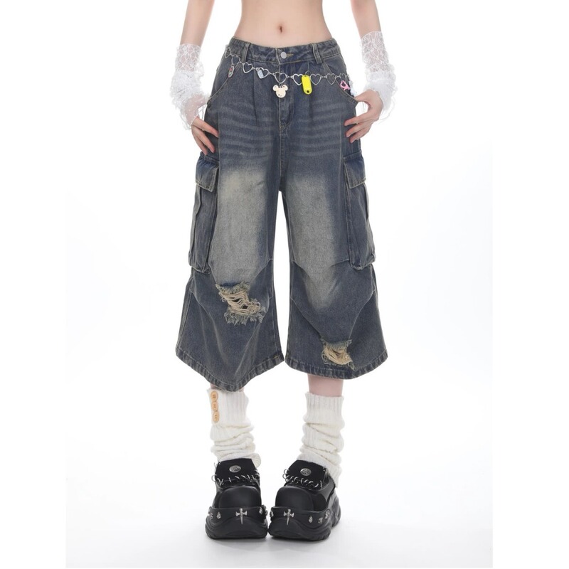 2026 Plus-Size American Retro Distressed Denim Cropped Pants for Men and Women with Large Pockets and Vintage Workwear Design