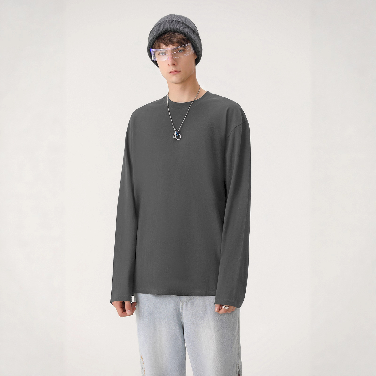 230g Autumn and Winter Long-Sleeved T-Shirt Pure Color Bottoming Shirt Men's Top Round Neck Trendy Brand Loose American Sweatshirt Bottoming