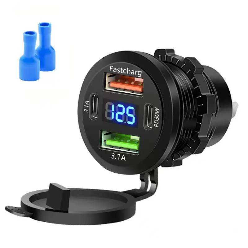 New cross-border car, RV, and yacht 4-port dual PD+ dual QC3.0 digital display fast-charging car modification USB charger