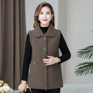 Middle-aged and elderly women's new vest sleeveless cardigan grain velvet lapel autumn big pocket pure vest mother top
