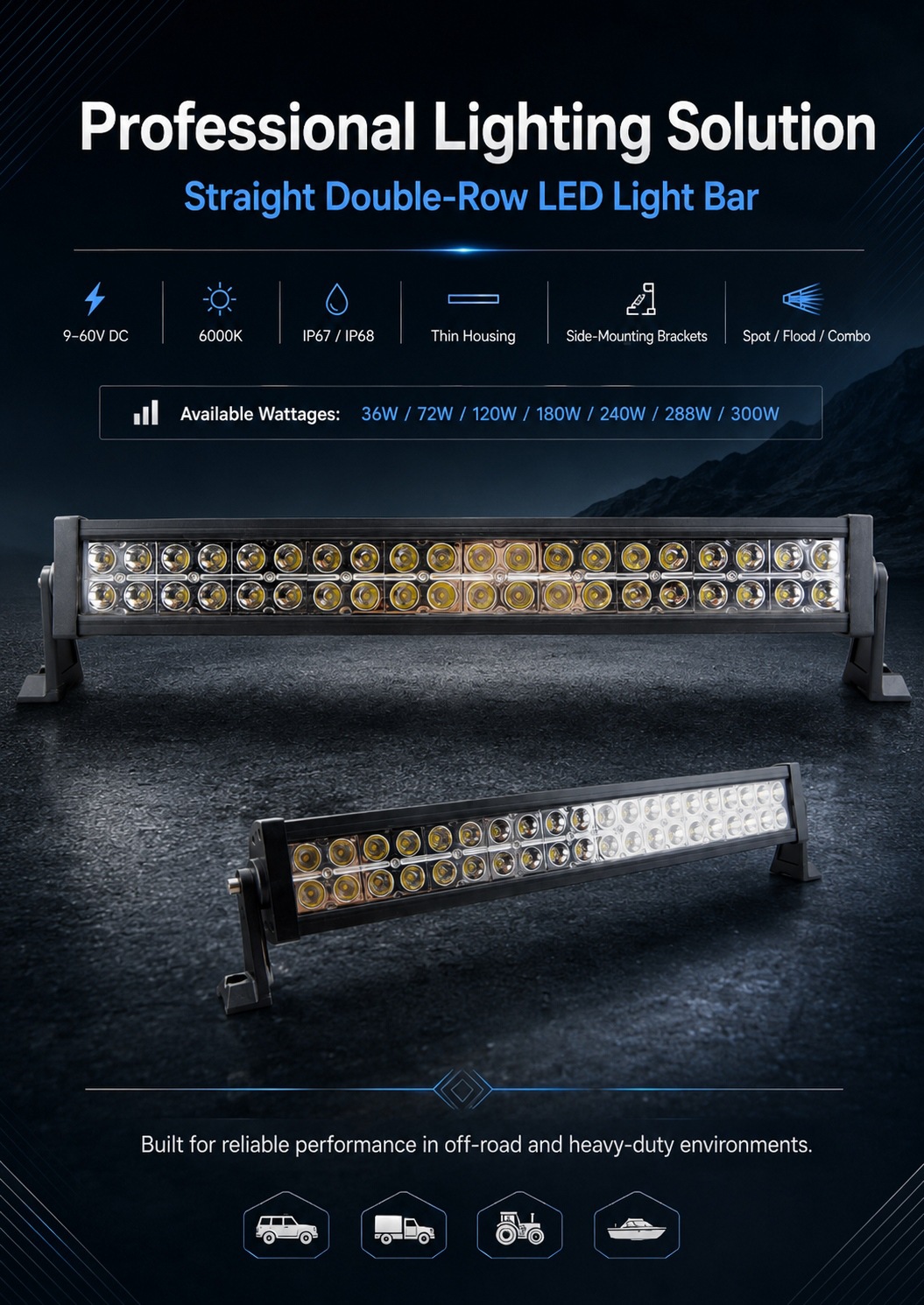 9-60V 120W ultra-thin double-row automotive LED strip light, off-road spotlight, for construction vehicles and trucks, model TH-DT0240Z