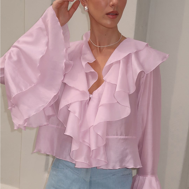 Spring and Summer 2025 New French Style Elegant Lotus Collar Cardigan Shirt Women's Niche Design Sense Horn Sleeve Pink Top