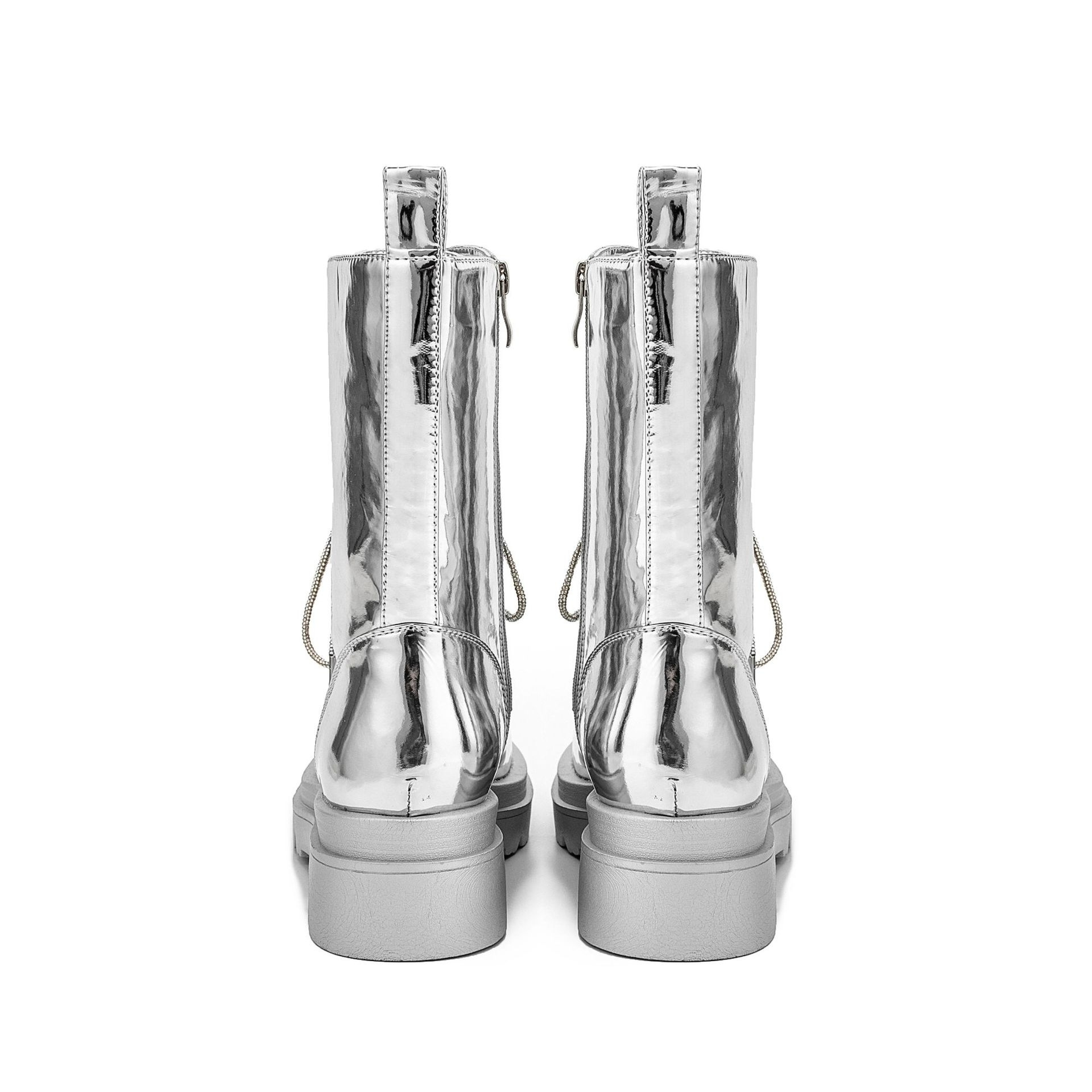 Silver patent leather medium chunky heel plus size platform booties punk boots_voghion.com