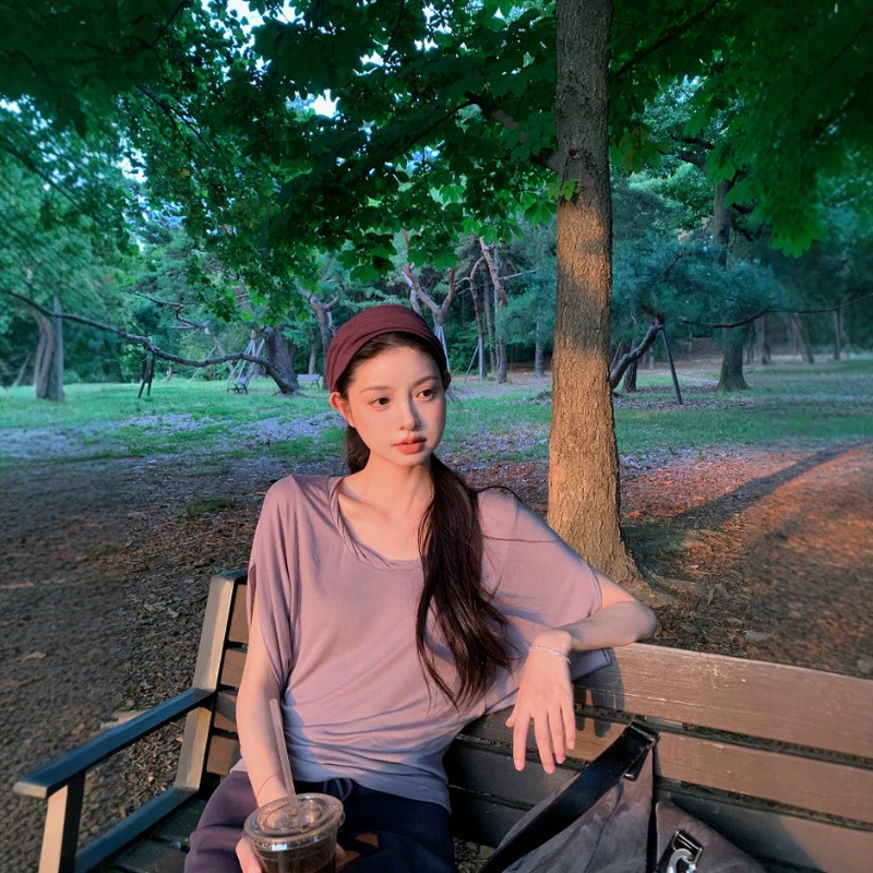 Flem Muyao Rui'er low-saturation elegant ballet-style niche romantic loose-fitting knitted T-shirt