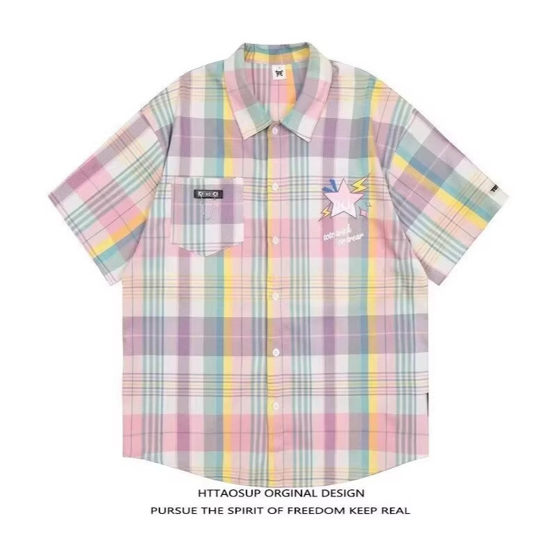 Rainbow Plaid Short-Sleeved Summer New Style Half-Sleeved Shirt for Women, Loose and Versatile Dopamine Trendy Outfit, Couple Short-Sleeved Shirt