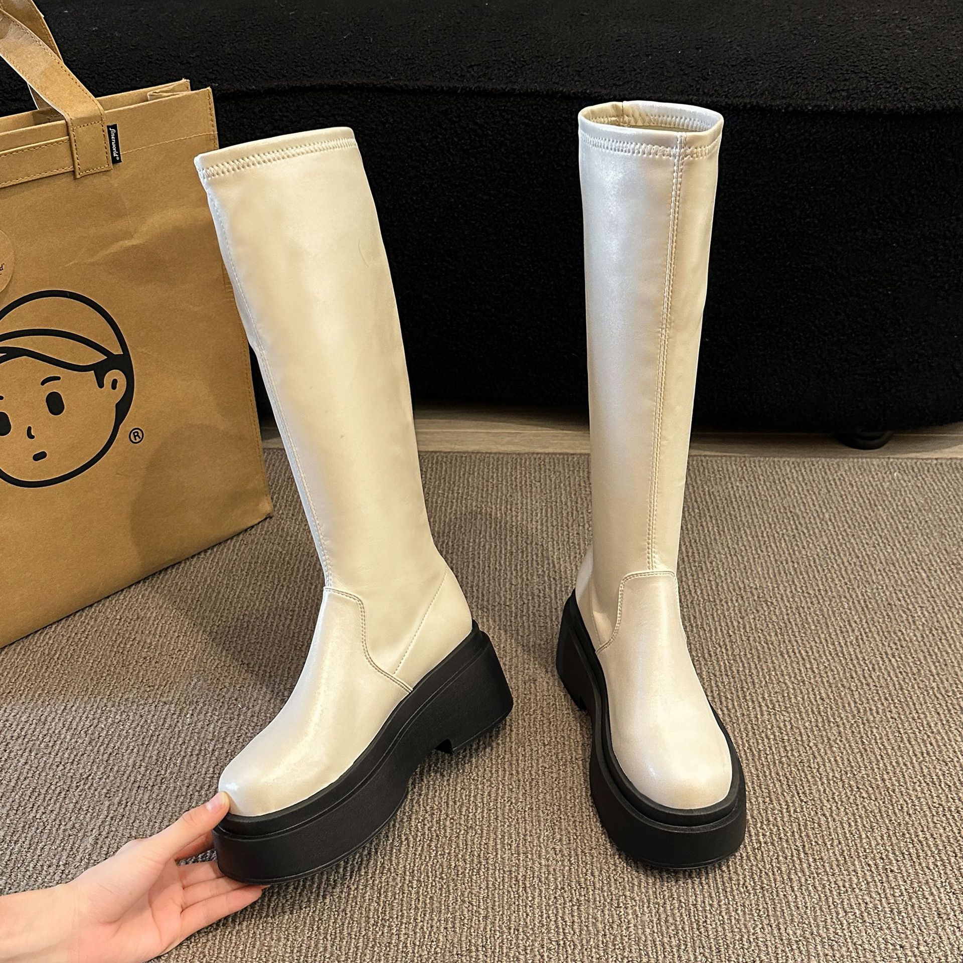 Black Knee-High Boots with Skirt, Thick-Soled Boots for Women, 2025 New Autum Retro Slimming Look Boots for Small People