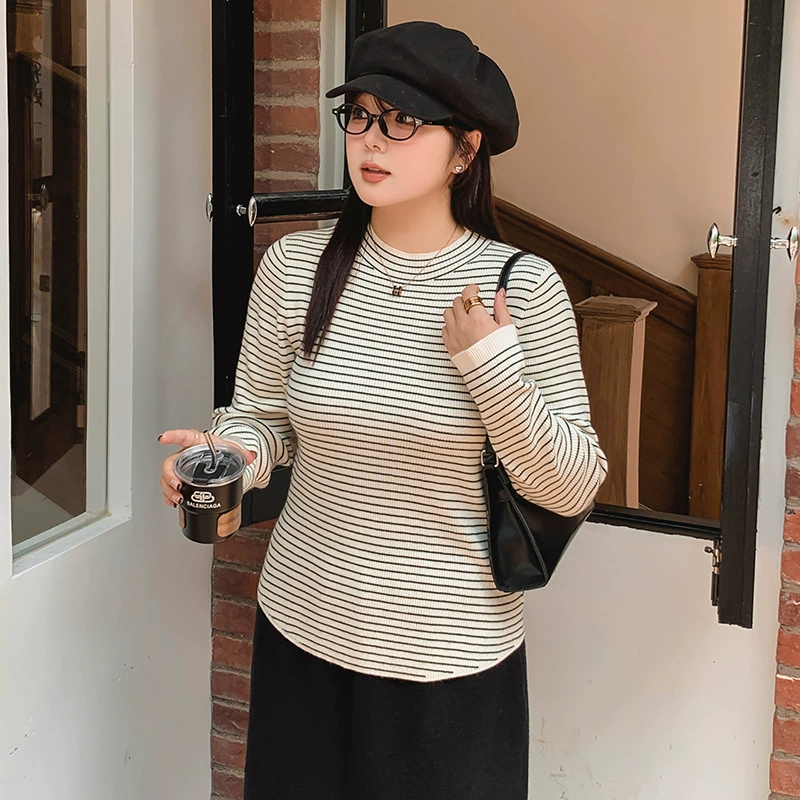 Женская полуводолазка больших размеров, топ в полоску, зима 2022, толстый внутренний трикотаж, женский трикотаж 22500