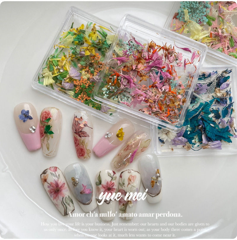 日系blc莫奈油画干花瓣美甲 ins风新款小花朵郁金香DIY指甲装饰品