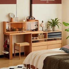 北欧实木梳妆台 家用小户型一体床尾化妆桌卧室可移动收纳梳妆桌