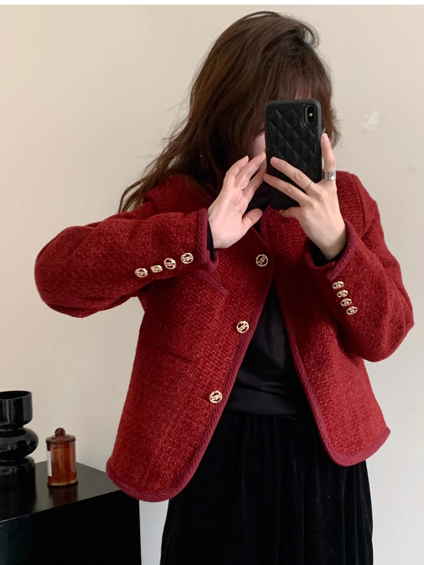 Burgundy Small Fragrant down Short Jacket for Women Autumn and Winter New Year Red Christmas Elegant High-End Top