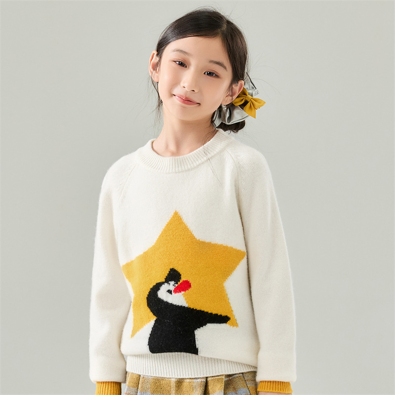 Autumn/Winter Children's Thickened 100% Pure Wool Sweater Round Neck Raglan Star Penguin Jacquard Warm Base Layer Pullover