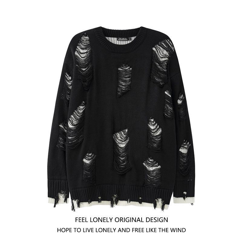 Designed with a Sense of Style, This Ripped and Hollow-Out Fake Two-Piece Reversible Knit Sweater for Men, Winter Lazy Style Coat, Old Money Style