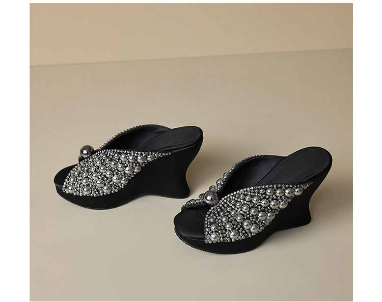 Sandal cao gót nữ đế xuồng 9cm quai ngang đính cườm ngọc trai — Màu đen, Màu trắng sữa chi tiết 22