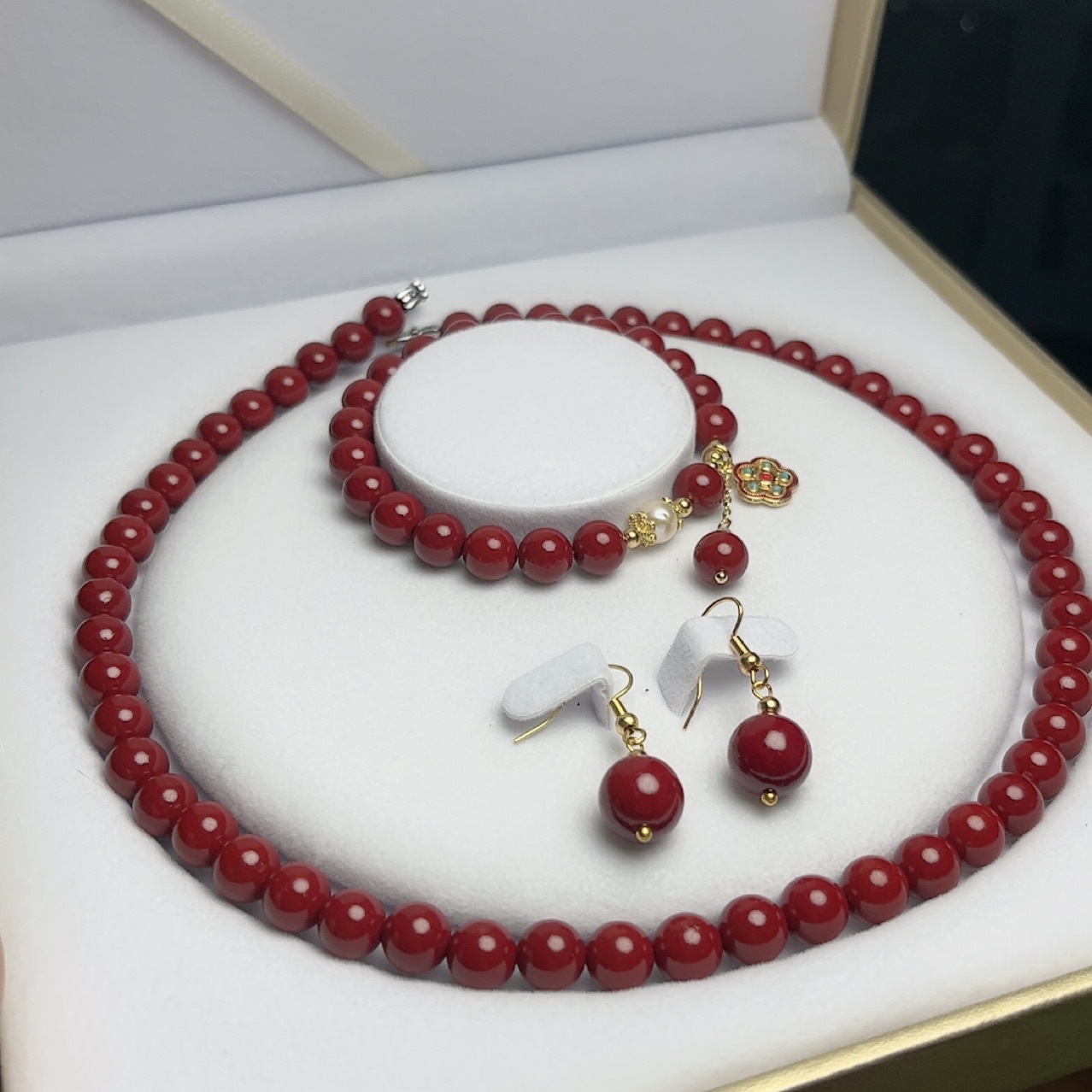 Cinabrio, arena de oro púrpura, joyería de tres piezas, cadena de torre de arena de oro púrpura, collar, pulsera, aretes, regalo para mamá