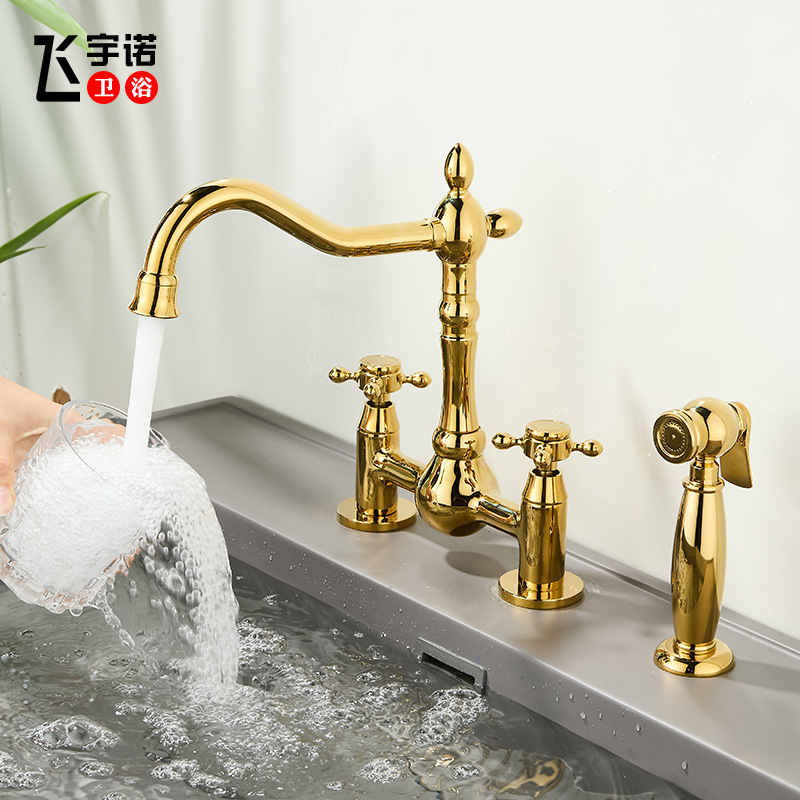 French-Style Light Luxury Hot and Cold Water Faucet with Dual Handles, Bridge-Type Kitchen Island Faucet, Splash-Proof, Rotatable, Pull-Out with Spray Gun French-Style Light Luxury Hot and Cold Water Faucet with Dual Handles, Bridge-Type Kitchen Island Faucet, Splash-Proof, Rotatable, Pull-Out with Spray Gun