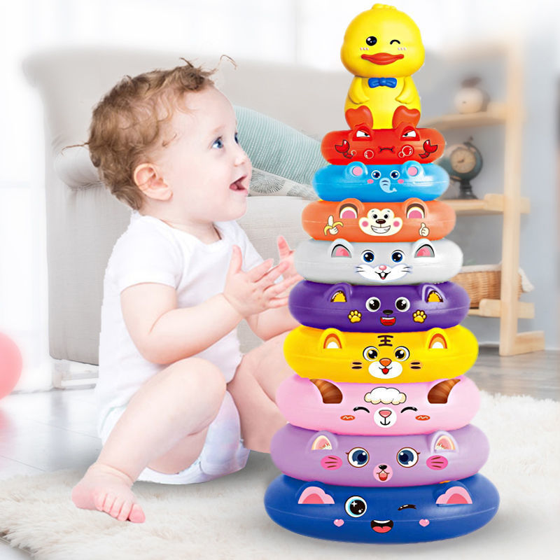 Niños lanzando jengle bloques de construcción pato juguete Arco Iris Torre anillo desarrollo cerebro juego puesto de juguete