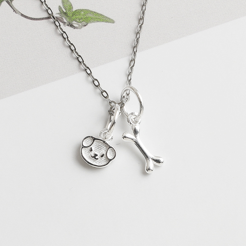 S925 Sterling Silver Cute Puppy Bone Pendant DIY Crystal Beaded Bracelet Necklace Ins Style Pendant Jewelry Accessories
