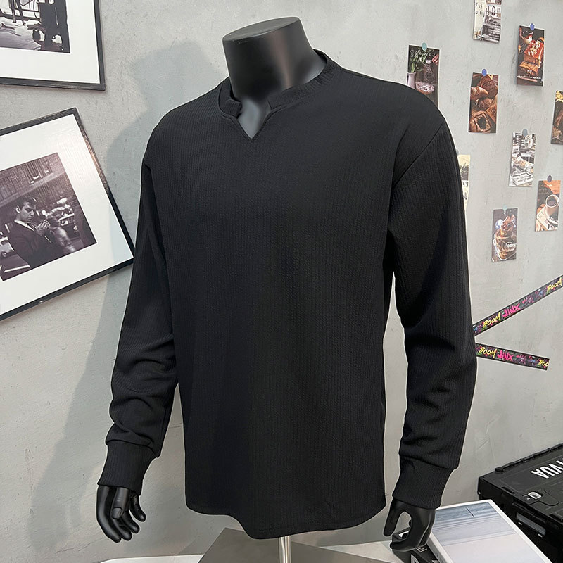 V-Neck Long-Sleeved T-Shirt Men's Autum American Style Cleanfit Simple Casual Business Loose Inner Layering Shirt Top