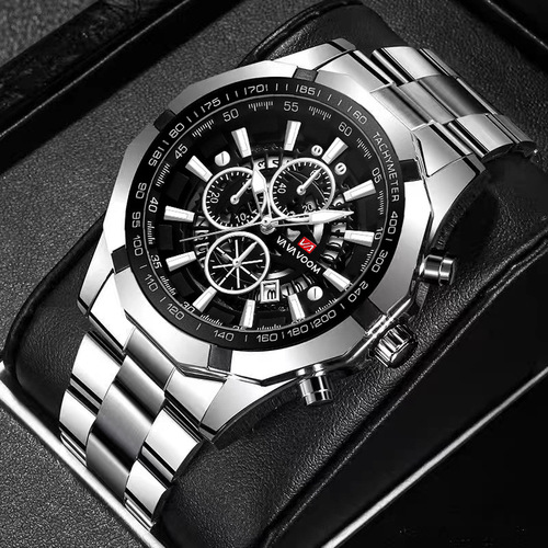 Cross-border AliExpress steel band watch men's three-eye six-pin luminous watch European and American calendar waterproof quartz watch