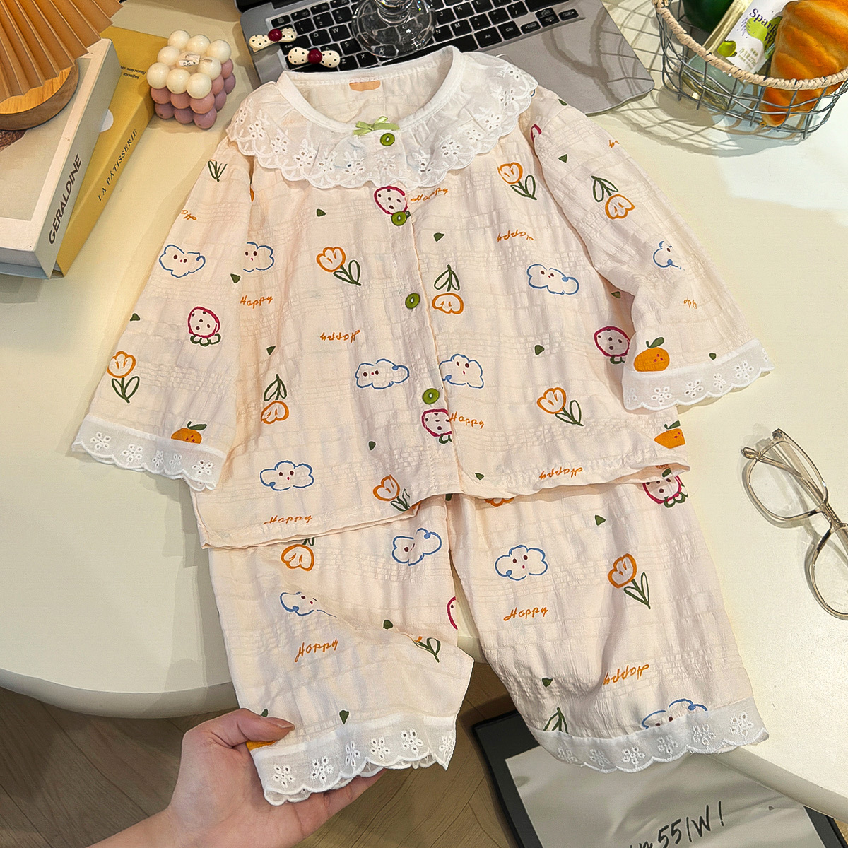 2026 nuevo conjunto de ropa de algodón para niños nubes niñas pijamas de dibujos animados delgados ropa de aire acondicionado transpirable