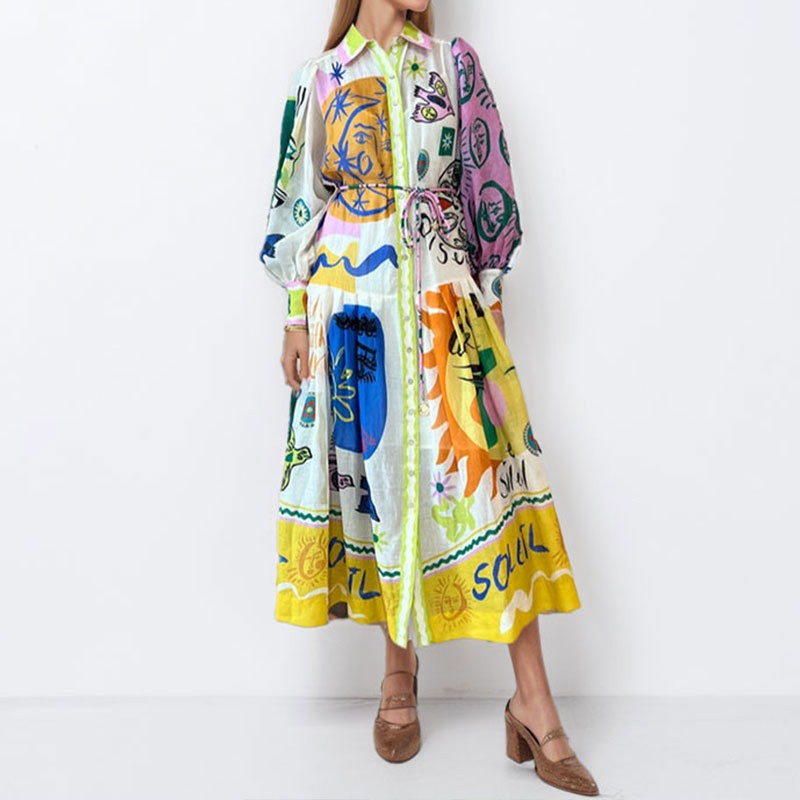 Women Clothing Vintage Printed Lantern Sleeve Waist Controlled Large Hem Dress