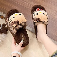 新款卡通豹纹毛毛拖鞋女秋冬季厚底新款外穿高颜值保暖一字棉拖鞋