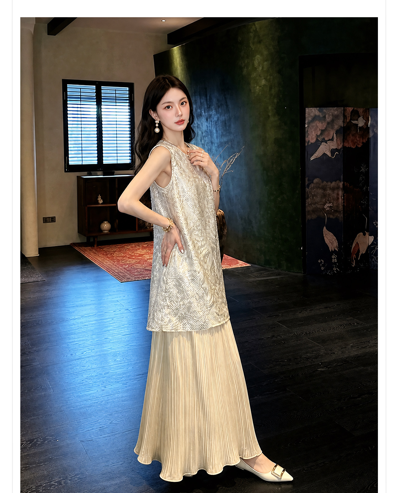 Đầm maxi nữ thắt eo phong cách Tân Trung Hoa họa tiết thêu nổi — Trà cà phê chi tiết 18
