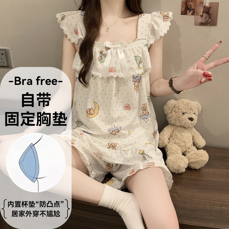 Summer 2026 New Style Short-Sleeved Pajamas for Women with Built-In Chest Pads, Suitable for Wearing Outside, Petite-Sized Loungewear Summer 2026 New Style Short-Sleeved Pajamas for Women with Built-In Chest Pads, Suitable for Wearing Outside, Petite-Sized Loungewear