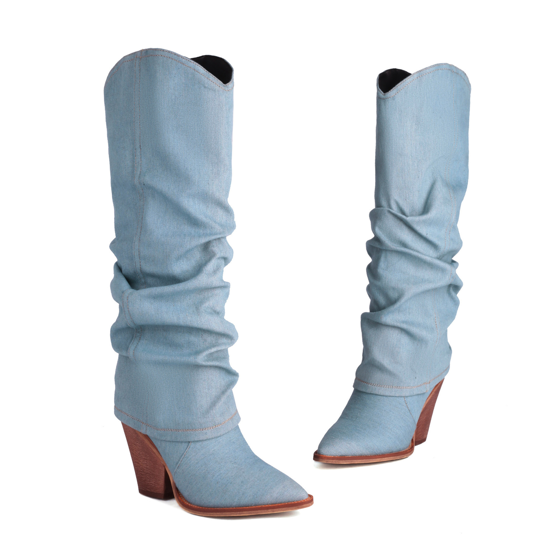 pointy toe chunky heel high tube boots