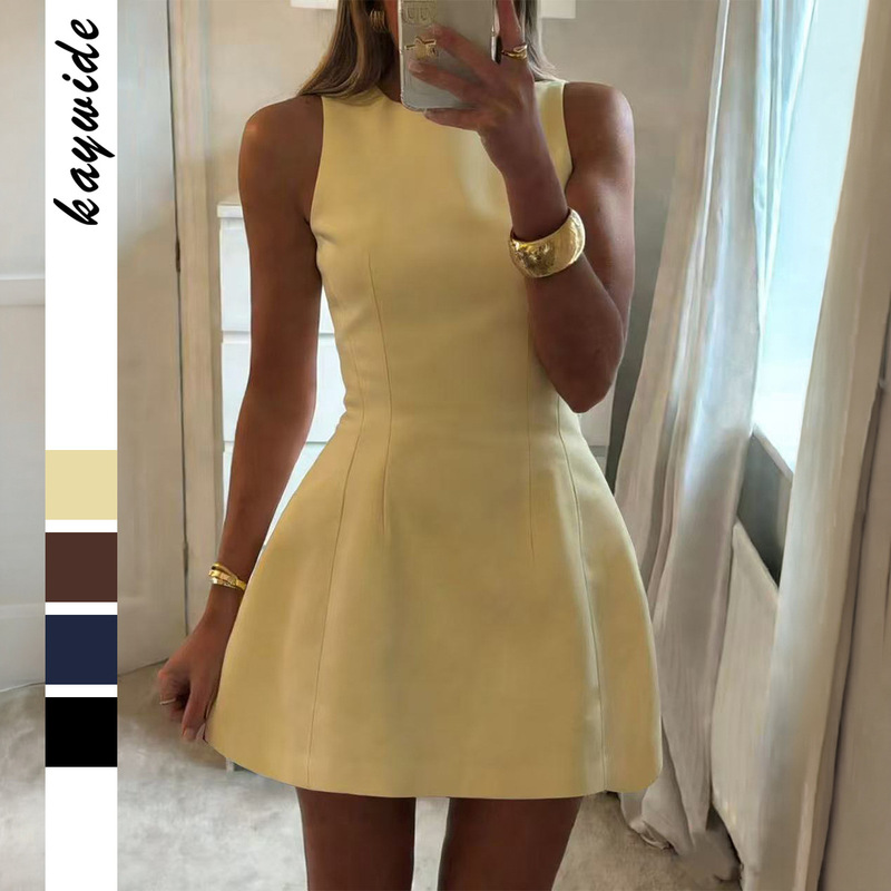 Amazon's Best-Selling Cross-Border Women's Clothing 2026 Summer European and American Style Elegant Round-Neck Three-Dimensional Cut Waist-Cinching Dress