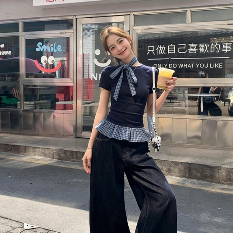Women's Vintage Plaid Patchwork False Two-Piece Short Sleeve Tee - Slim Fit Retro Style Summer Top_ecoleips.com