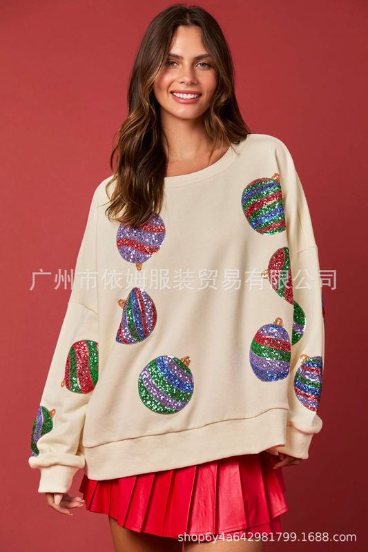 アマゾン秋冬の新型越境欧米のクリスマスカラーの卵のスパンコールの上着のカジュアルな長袖の頭の服の女性|undefined