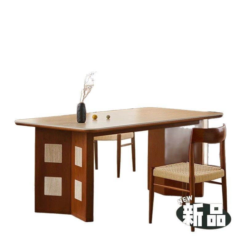 Medieval Style Solid Wood Travertine Slate Rectangular Dining Table and Chair Combination Home Dining Table Small Apartment Ash Wood Wabi-Sabi Style