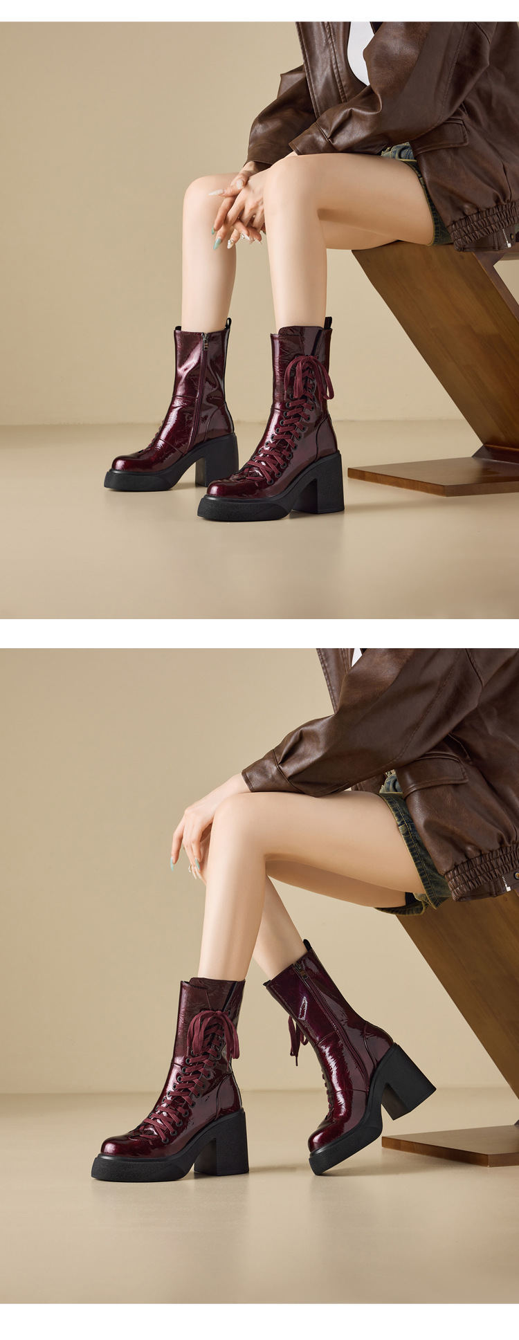 Boot nữ cổ ngắn đế dày 10 cm dây buộc mũi tròn khóa kéo bên — nhung đen chi tiết 6