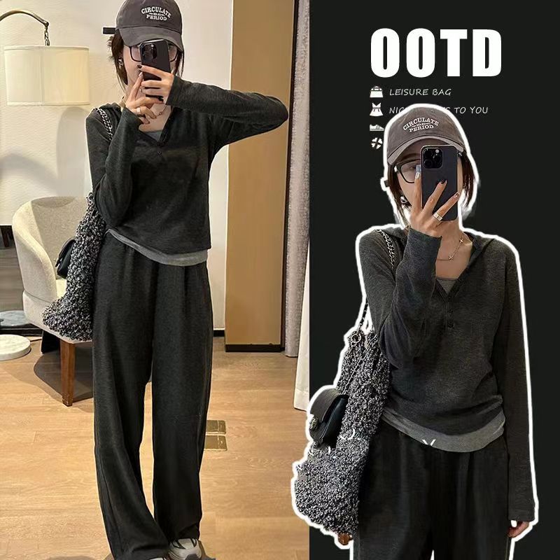 Early Autumn New Elegant Casual Sports Glutinous Rice suit Women's High-end Lazy Knitted Sweater Wide-leg Pants Fake Two-piece Set