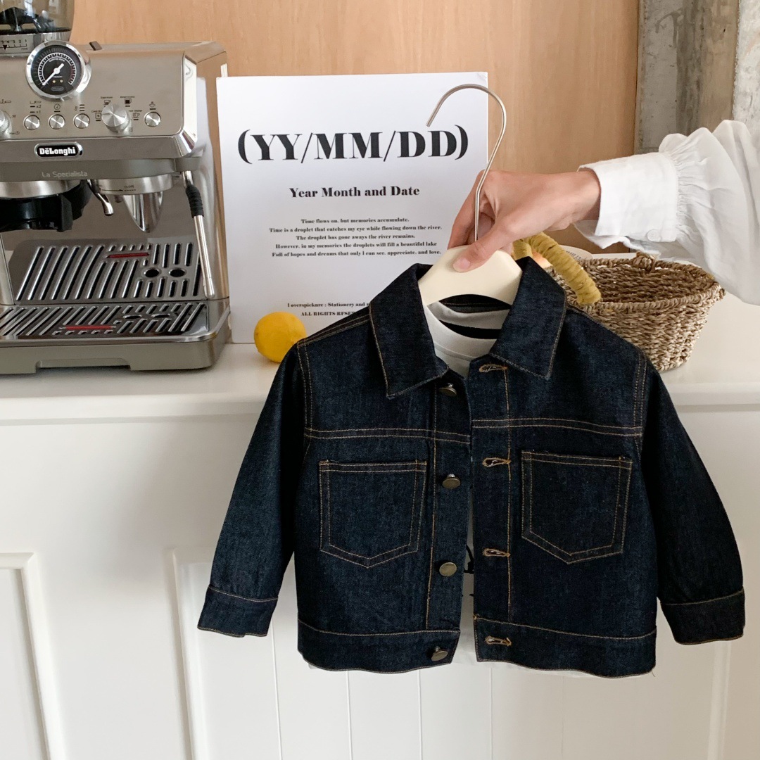 Children's Denim Jacket Boys' Spring New Style Lapel Jacket Retro Loose Top Baby Korean Style Motorcycle Jacket