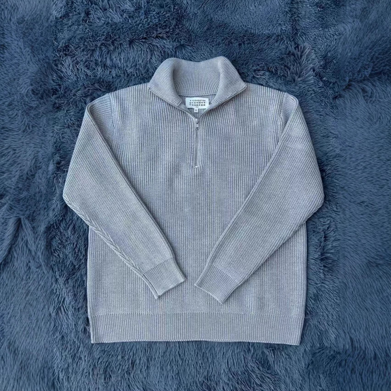 European and American Style Solid Color Striped Half-Zip Design Winter Heavyweight Simple Casual Style Unisex Sweater