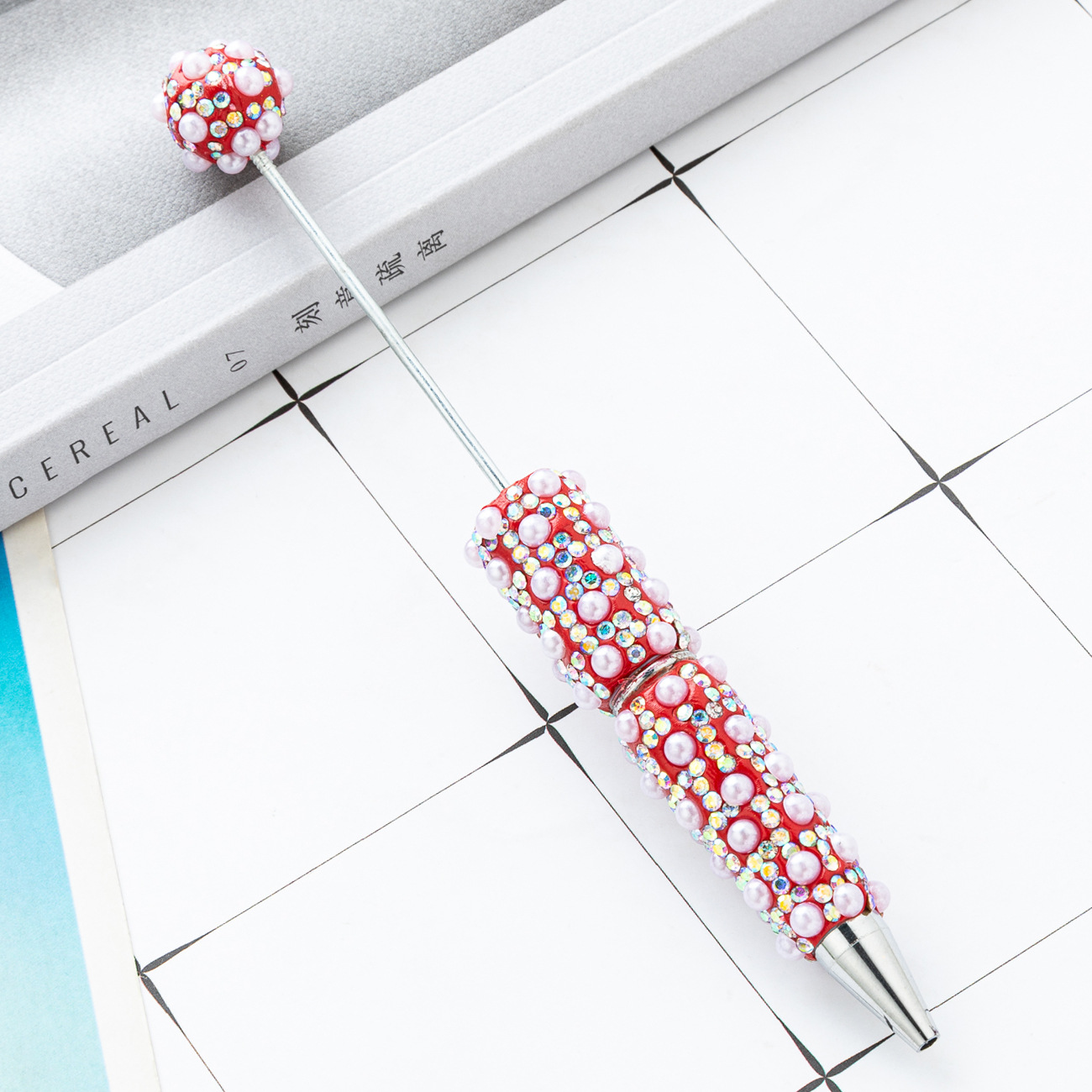 Bolígrafo con cuentas de perlas lleno de diamantes de bricolaje, bolígrafo con cuentas de perlas de diamantes pegados a mano, bolígrafo con cuentas de plástico multicolor