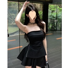 夏季辣妹纯欲两件套装女时尚性感拉链开叉抹胸上衣+高腰蓬蓬裙裤