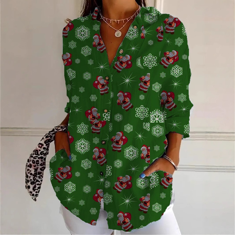 2024 Cross-Border New Style Color-Blocked Printed Pattern Autumn Casual Loose Shirt European and American Women's Button-Up Top 2024 Cross-Border New Style Color-Blocked Printed Pattern Autumn Casual Loose Shirt European and American Women's Button-Up Top
