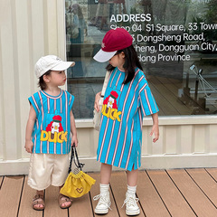 兒童兄妹裝2024夏款男童條紋T恤女童連衣裙韓版卡通背心裙姐弟裝