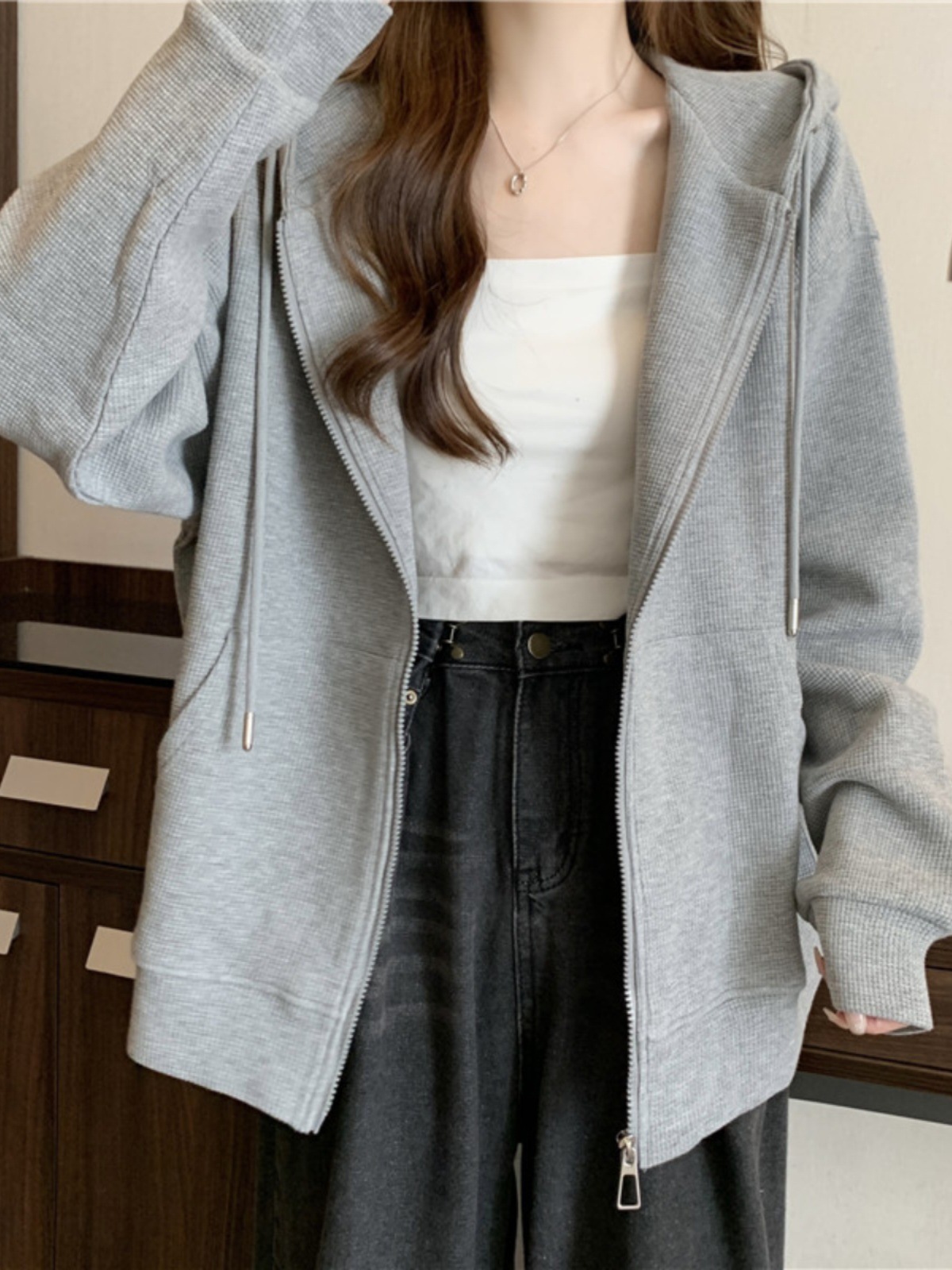 봄과 가을 올 매치 느슨한 슬리밍 와플리 지퍼 카디건 슈퍼 핫 CEC 얇은 후드 스웨트 셔츠 여성용 탑 재킷