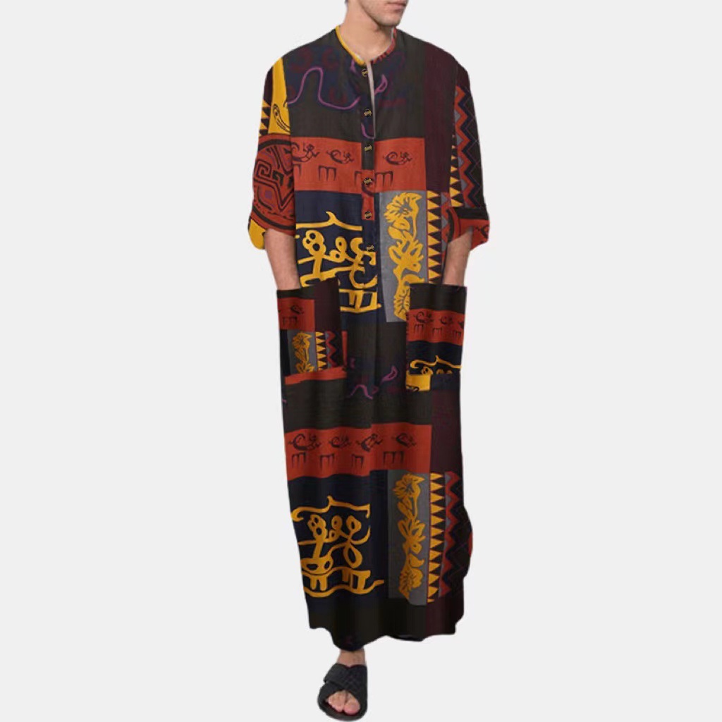 Men's Export Clothing, Long Button-Up Round-Neck Cotton Printed Robe, Multi-Pocket Loose Long Gown