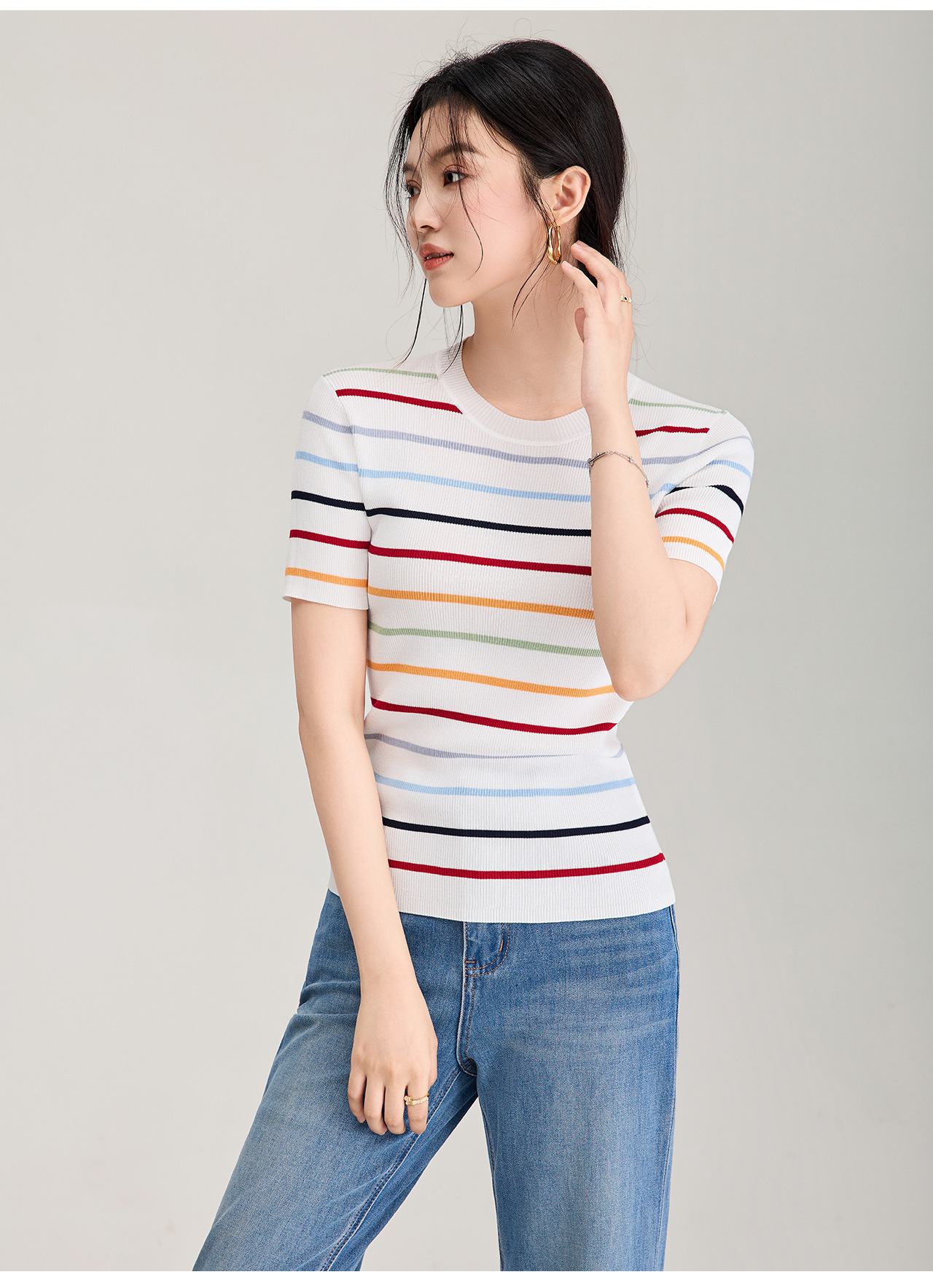 Áo thun nữ cổ tròn sọc kẻ dệt kim mỏng mùa hè — màu xanh navy chi tiết 18